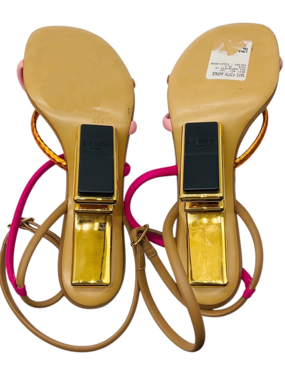 FENDI PINK / TAN MULTI FIRST F COLORBLOCK STRAPPY NAPA ARCHITECTURAL HEEL SANDAL - Picture 6 of 8
